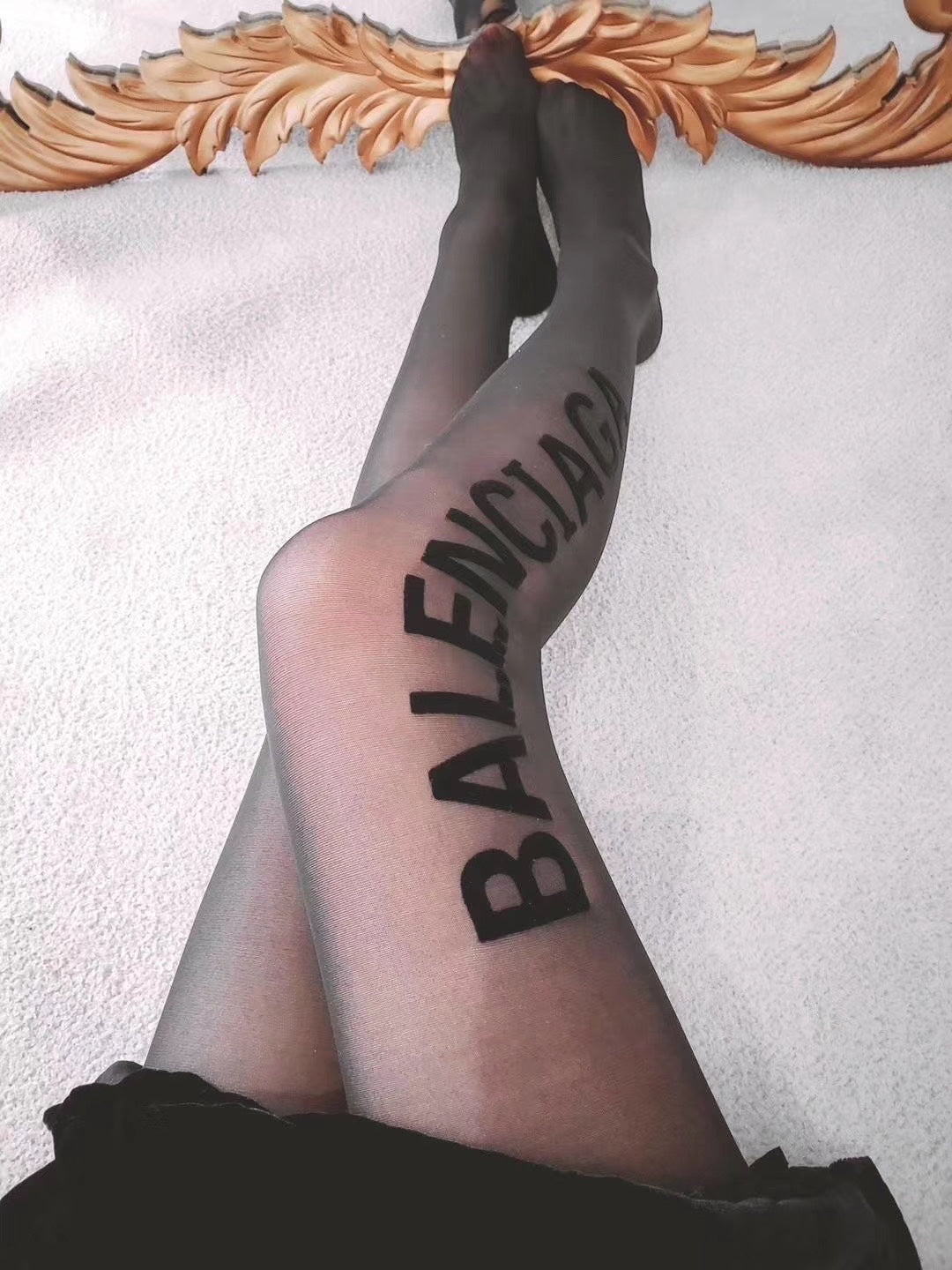 Balenciaga single-sided flocked lettering semi-transparent black pantyhose