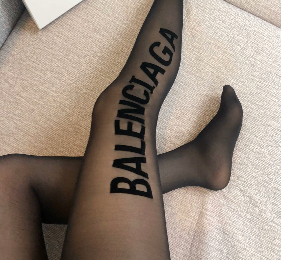 Balenciaga single-sided flocked lettering semi-transparent black pantyhose