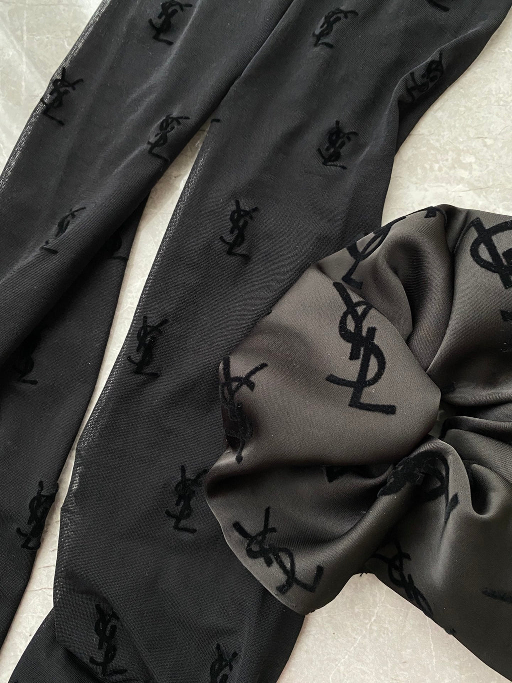 YSL flocked logo haute couture black pantyhose