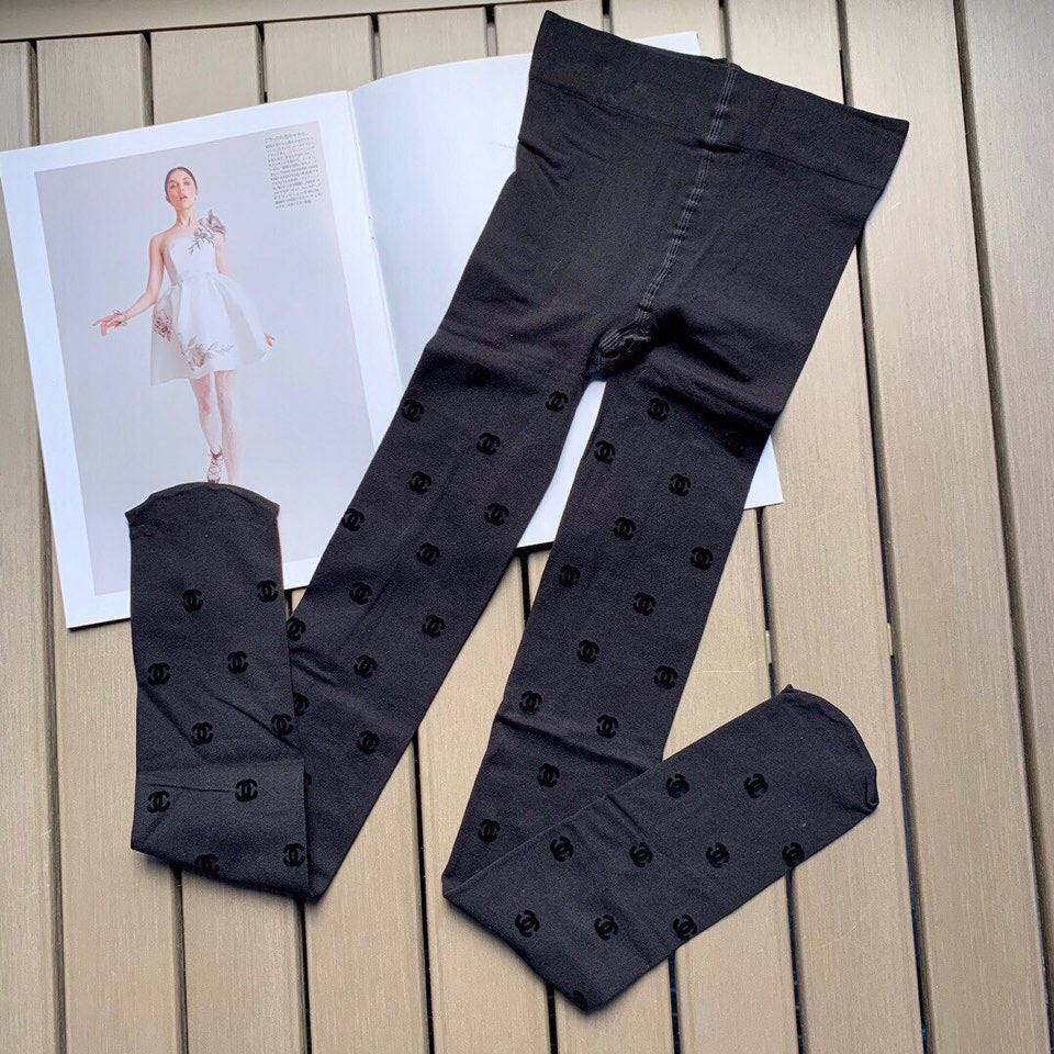 CC thickened haute couture double C logo flocked pantyhose