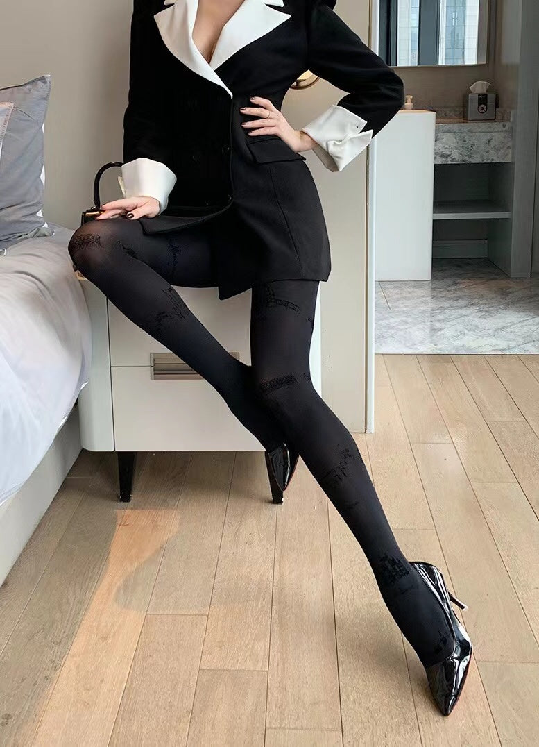 CALZEDONIA Thickened Castle Pattern Black Flocked Pantyhose