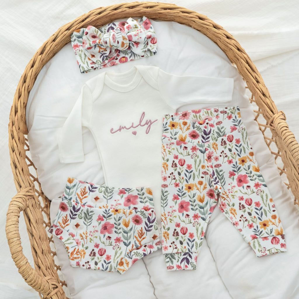 Newborn Baby Girl Outfit Floral Embroidered Hospital Outfit With Name Matching Set with Headband