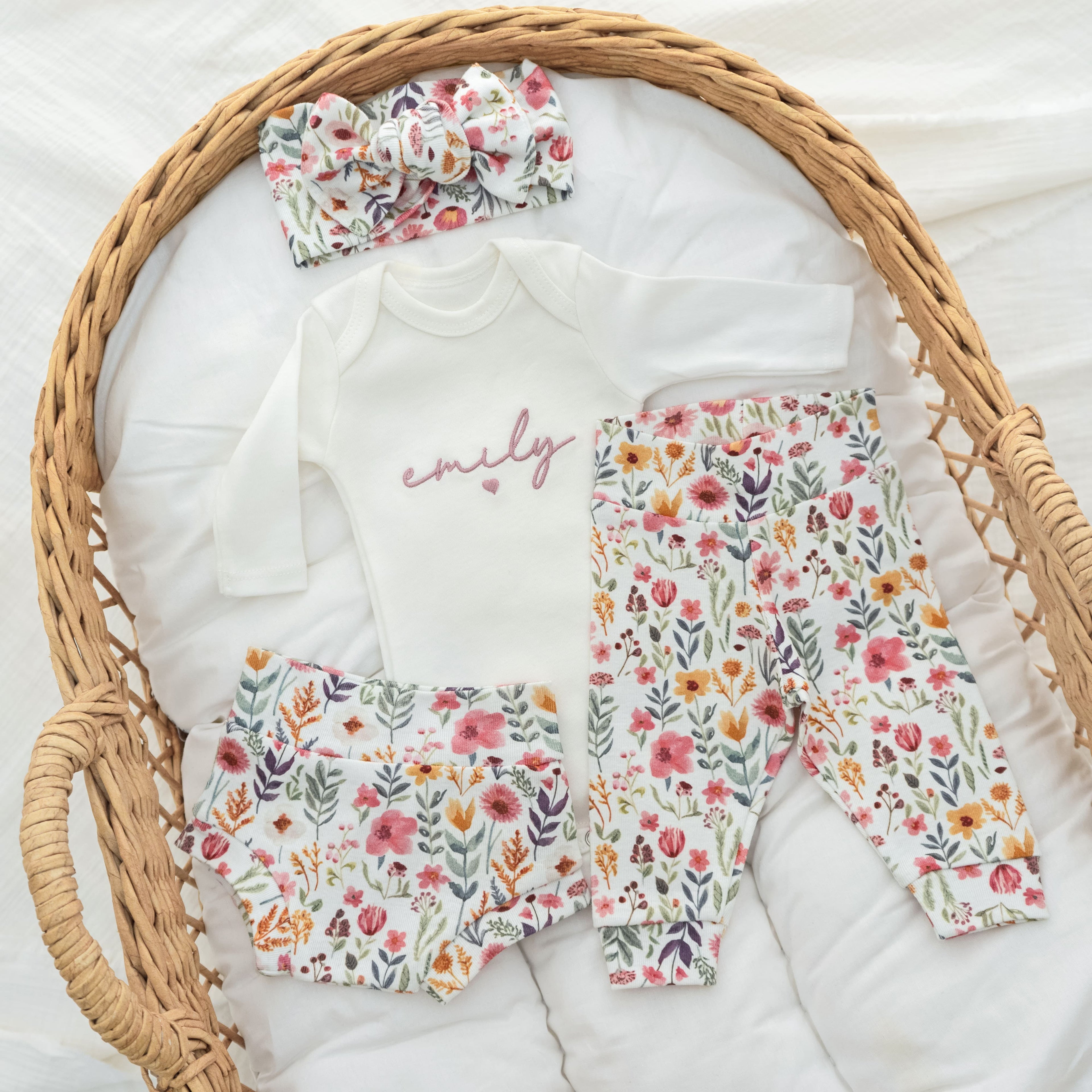 Newborn Baby Girl Outfit Floral Embroidered Hospital Outfit With Name Matching Set with Headband