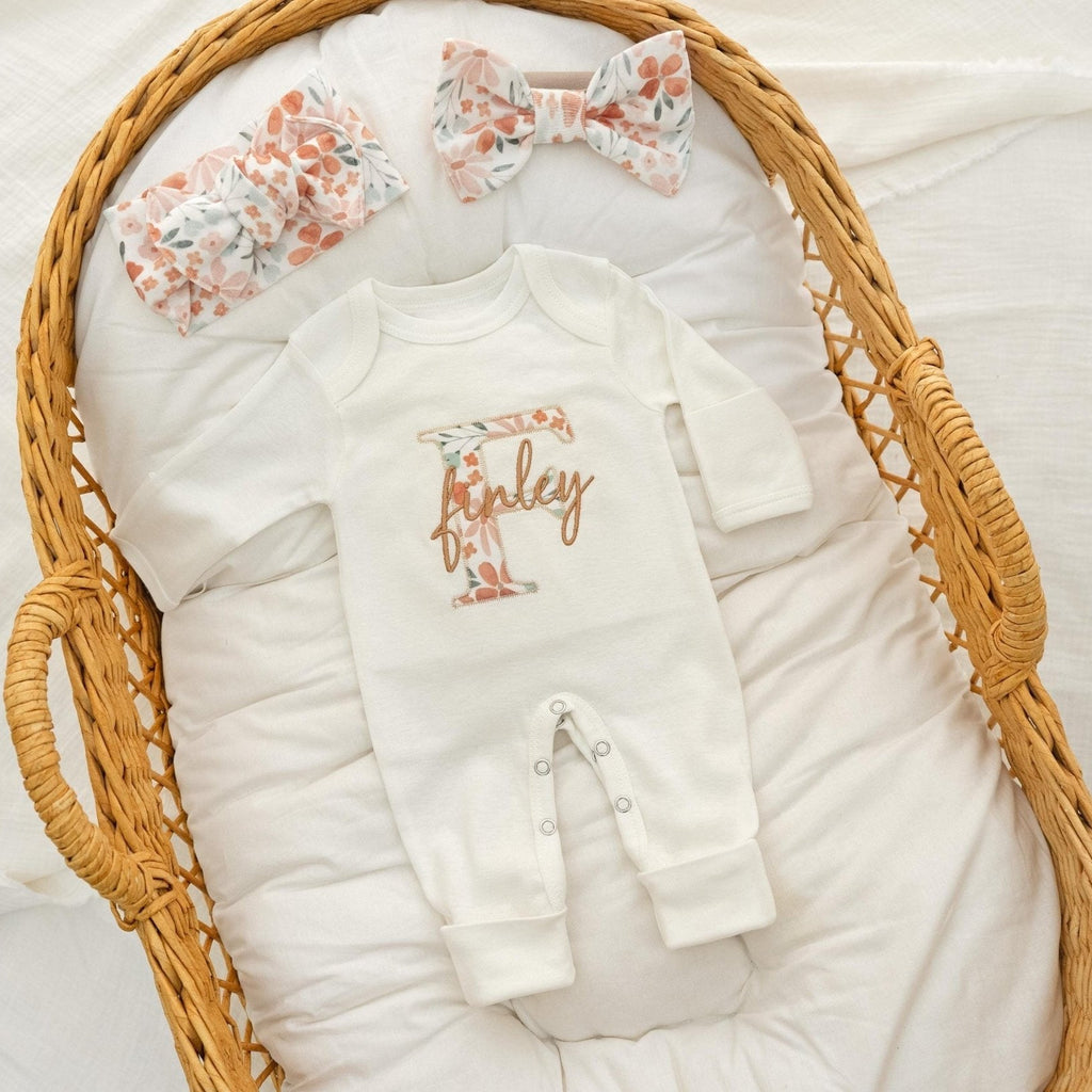 Baby Girl Coming Sleeper Embroidered, Newborn Baby Girl Coming Home Personalized