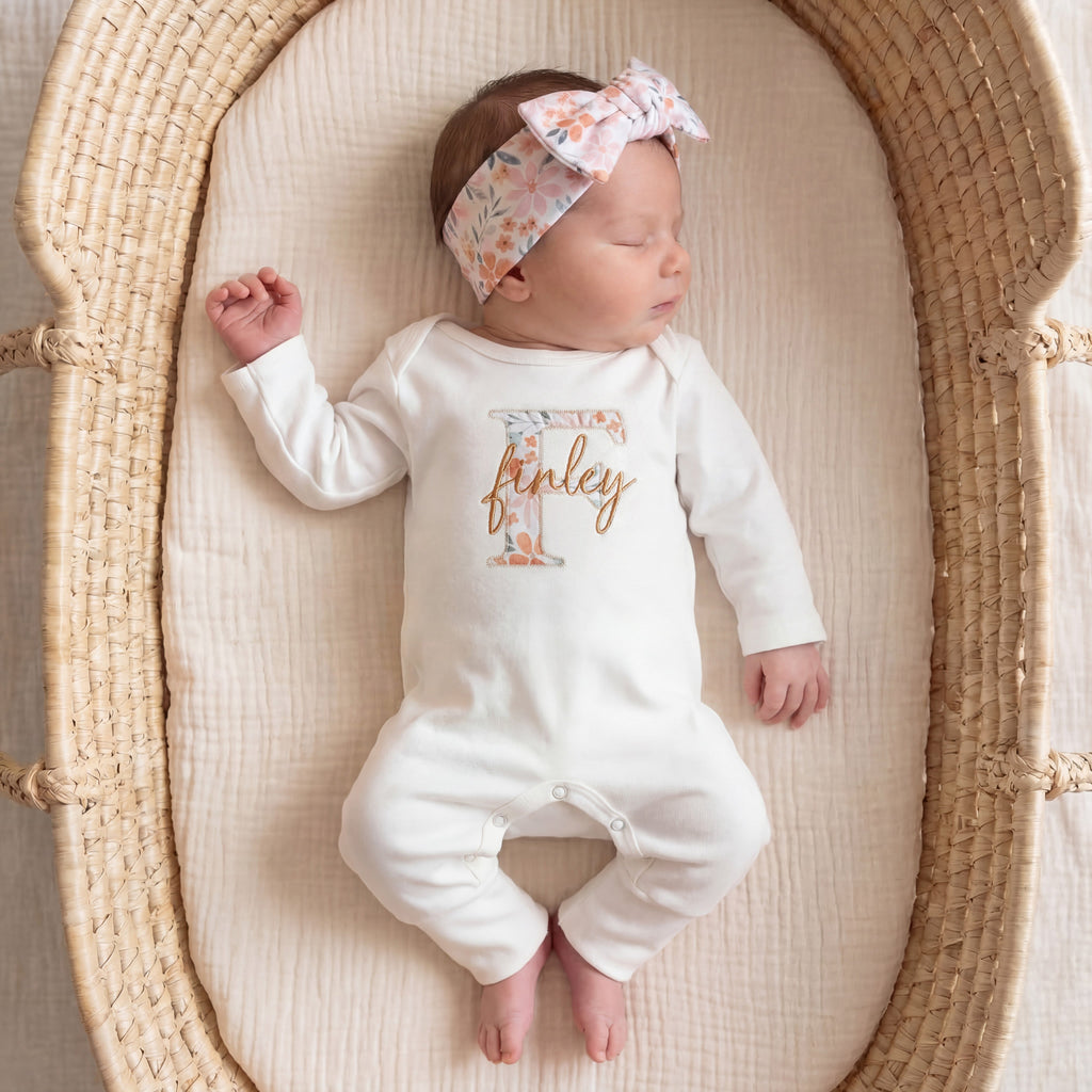 Baby Girl Coming Sleeper Embroidered, Newborn Baby Girl Coming Home Personalized