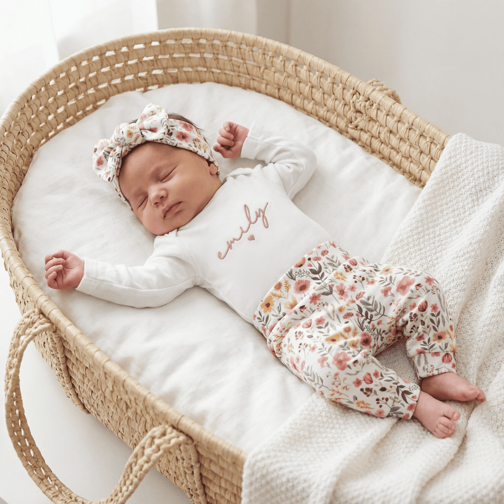 Newborn Baby Girl Outfit Floral Embroidered Hospital Outfit With Name Matching Set with Headband